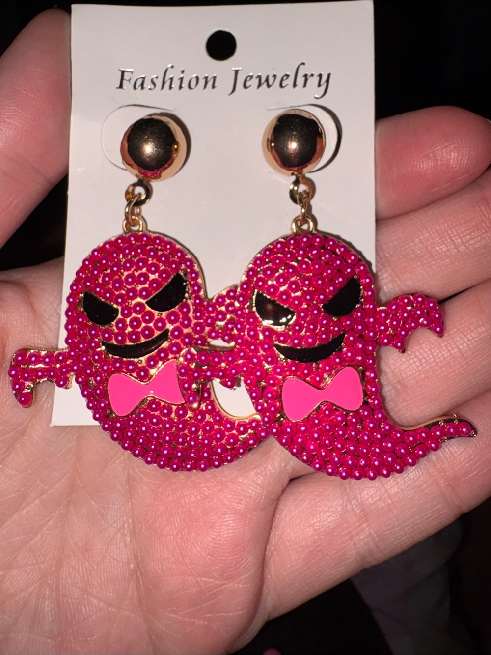 Pink Rhinestone Ghost Dangle Earrings
